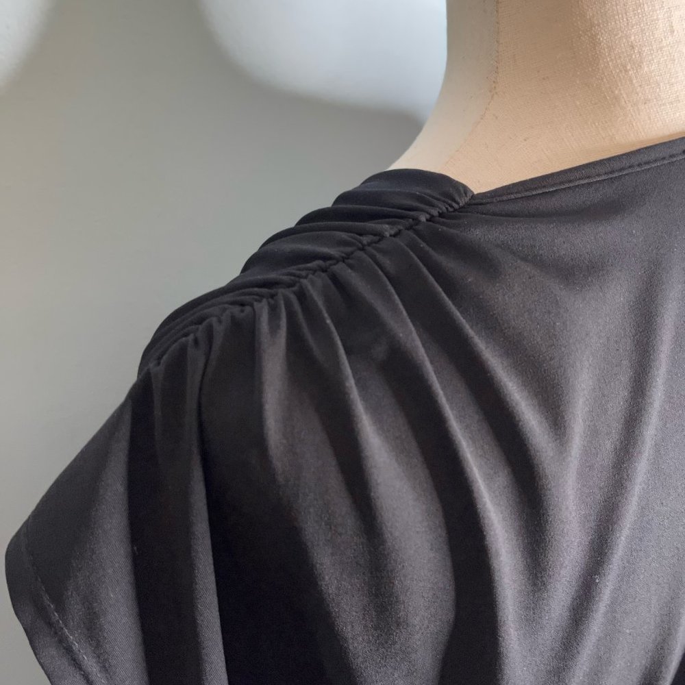 ASOS Deep V-Neck Black Midi Dress Elastic Waist Short Dolman Sleeves Versatile L - Picture 3 of 8
